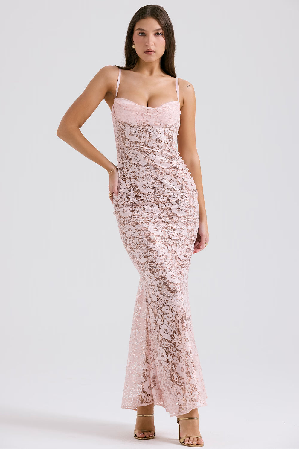 Azzurra blush lace godet gown with sweetheart neckline and spaghetti straps — House of CB | Endless UAE