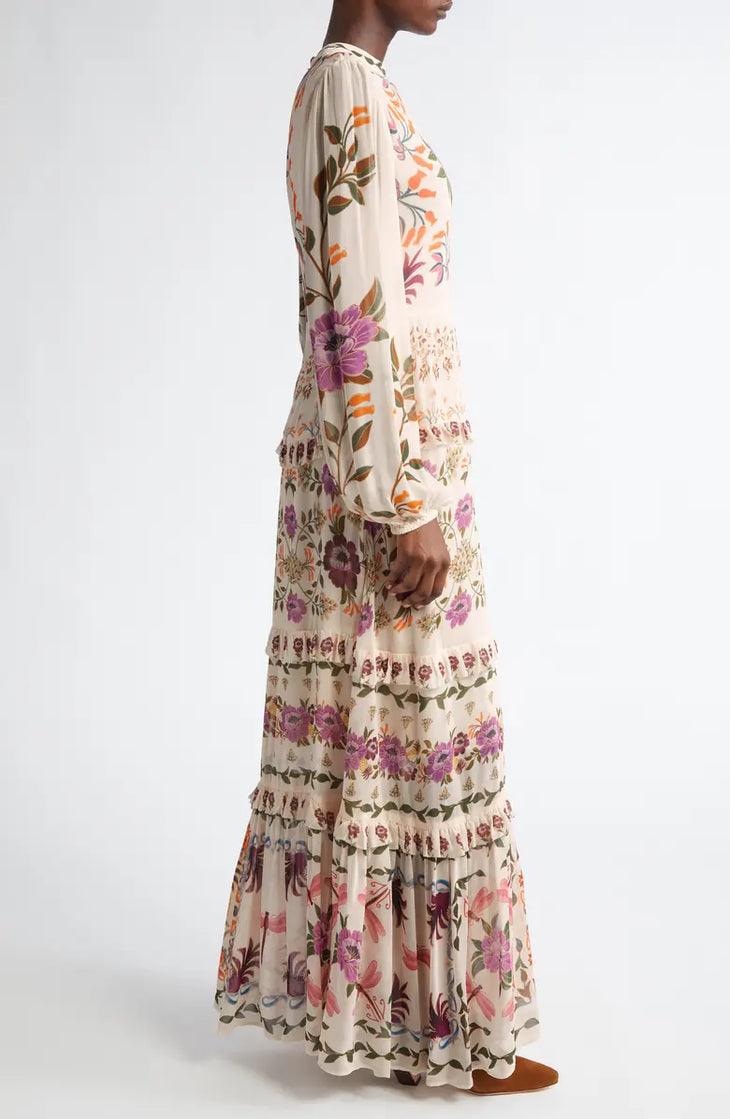 Winter Garden Ruffled Maxi Dress in cream with vibrant floral print and tiered ruffles — FARM Rio | Endless UAE