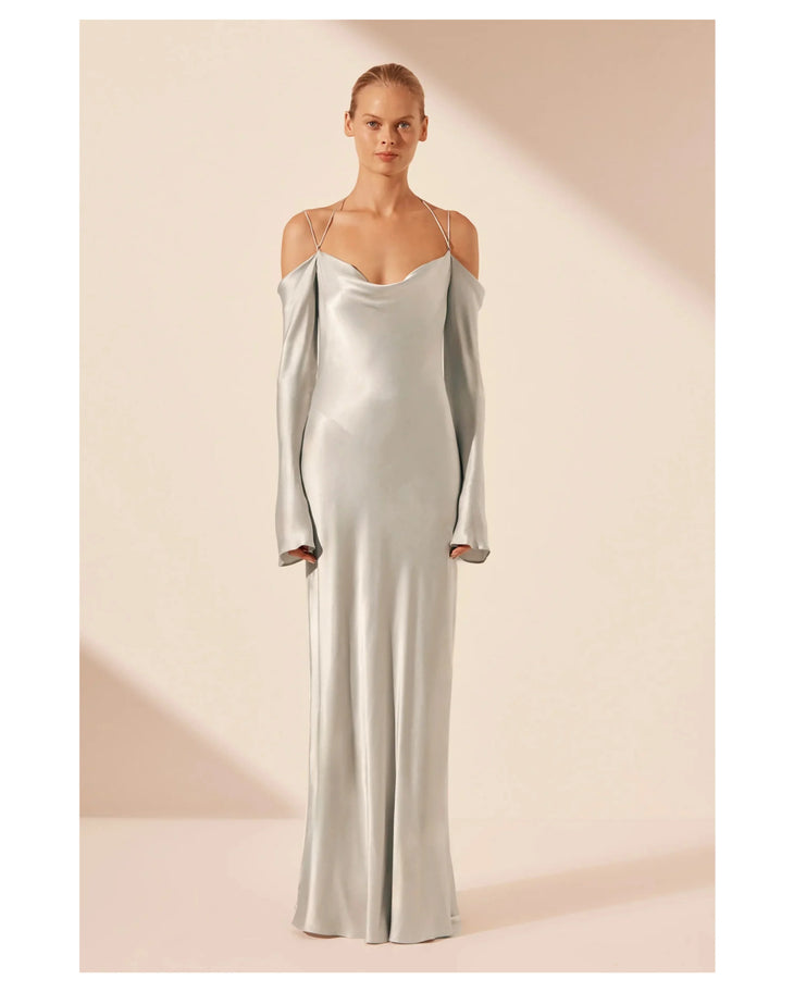Silvery grey off-shoulder tie maxi dress with draped sleeves — Shona Joy | Endless UAE