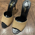 Beige canvas LA 16 mules with black leather trim and heel — Yves Saint Laurent | Endless UAE