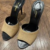 Beige canvas LA 16 mules with black leather trim and heel — Yves Saint Laurent | Endless UAE