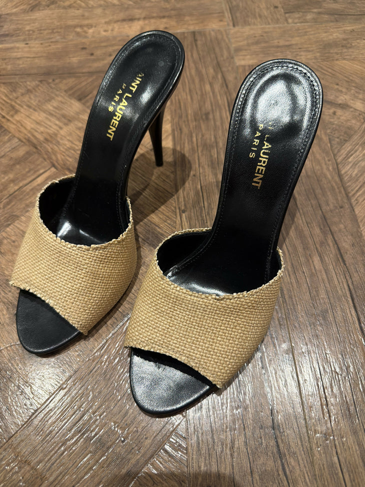 Beige canvas LA 16 mules with black leather trim and heel — Yves Saint Laurent | Endless UAE