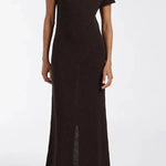 Woman wearing dark brown ribbed knit midi dress with short sleeves and front slit — DISSH | Endless UAE
