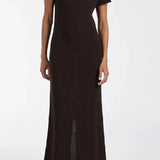Woman wearing dark brown ribbed knit midi dress with short sleeves and front slit — DISSH | Endless UAE