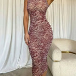 Woman wearing Bonnie Sleeveless Mesh Midi Dress with abstract swirl pattern — Meshki | Endless UAE