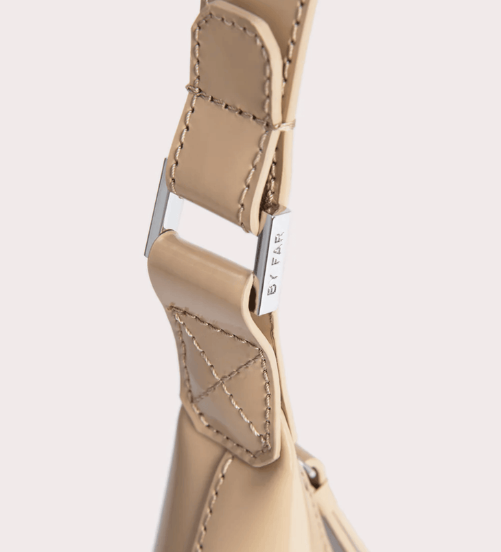 Baby Amber semi patent mini leather handbag in beige with quilted detail and adjustable strap — By Far | Endless UAE