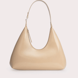 Baby Amber semi-patent leather mini hobo bag in beige with single shoulder strap and zip closure — By Far | Endless UAE