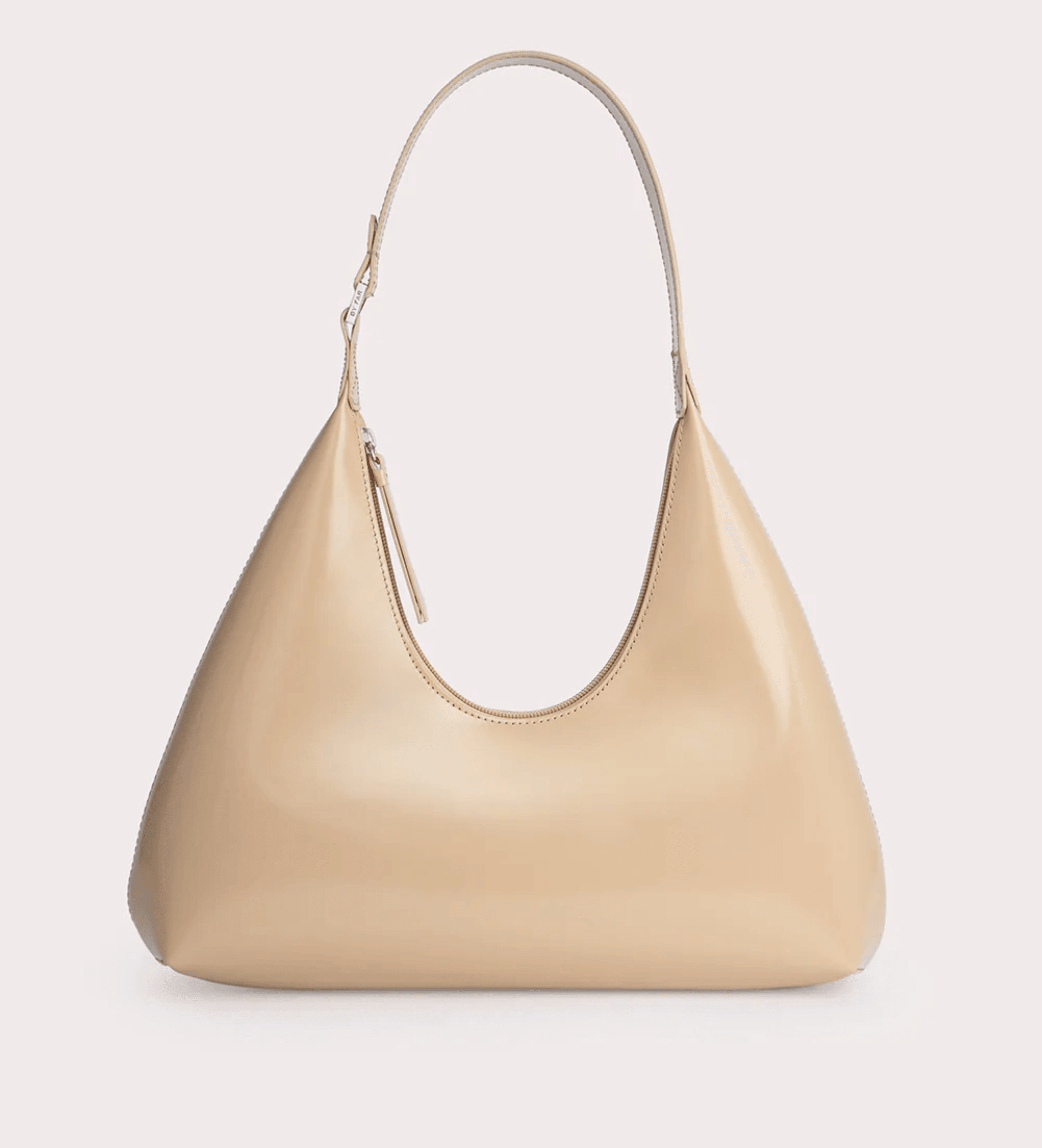 Baby Amber semi-patent leather mini hobo bag in beige with single shoulder strap and zip closure — By Far | Endless UAE
