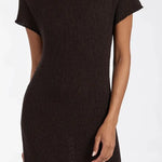 Woman wearing dark brown ribbed knit midi dress with short sleeves and front slit — DISSH | Endless UAE