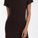 Woman wearing dark brown ribbed knit midi dress with short sleeves and front slit — DISSH | Endless UAE