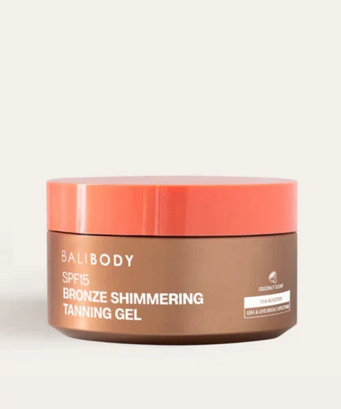 Bali Body Bronze Shimmering Tanning Gel SPF15 in jar with coral lid — Powder Beauty | Endless UAE