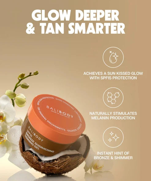 Bali Body Bronze Shimmering Tanning Gel SPF15 in jar with coral lid — Powder Beauty | Endless UAE