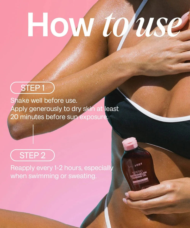 Bali Body SPF50 Watermelon Tanning Oil in amber bottle with pink cap — Powder Beauty | Endless UAE