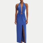 Blue halter plunge neck midi dress with twisted gold ring detail — Bardot | Endless UAE