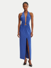 Blue halter plunge neck midi dress with twisted gold ring detail — Bardot | Endless UAE