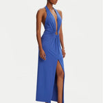 Blue halter plunge neck midi dress with twisted gold ring detail — Bardot | Endless UAE