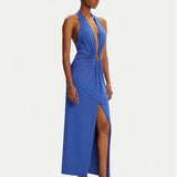 Blue halter plunge neck midi dress with twisted gold ring detail — Bardot | Endless UAE
