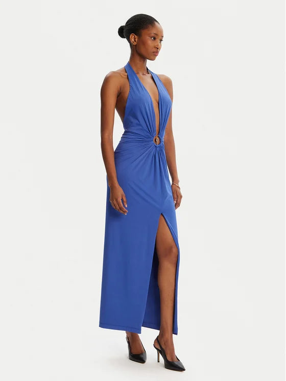 Blue halter plunge neck midi dress with twisted gold ring detail — Bardot | Endless UAE