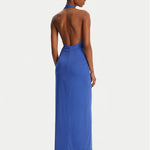 Blue halter plunge neck midi dress with twisted gold ring detail — Bardot | Endless UAE