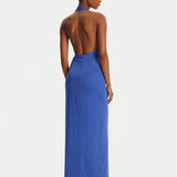 Blue halter plunge neck midi dress with twisted gold ring detail — Bardot | Endless UAE