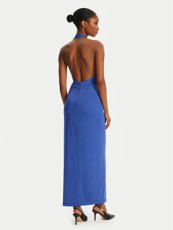 Blue halter plunge neck midi dress with twisted gold ring detail — Bardot | Endless UAE