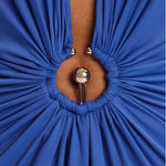 Blue halter plunge neck midi dress with twisted gold ring detail — Bardot | Endless UAE