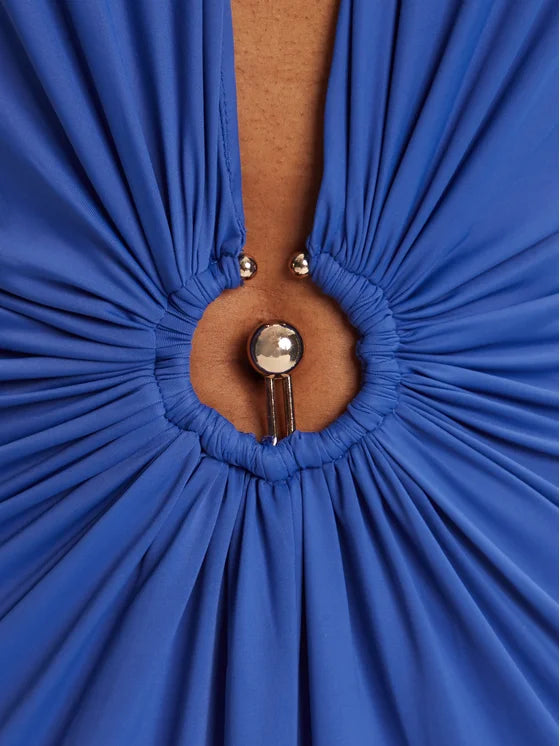 Blue halter plunge neck midi dress with twisted gold ring detail — Bardot | Endless UAE