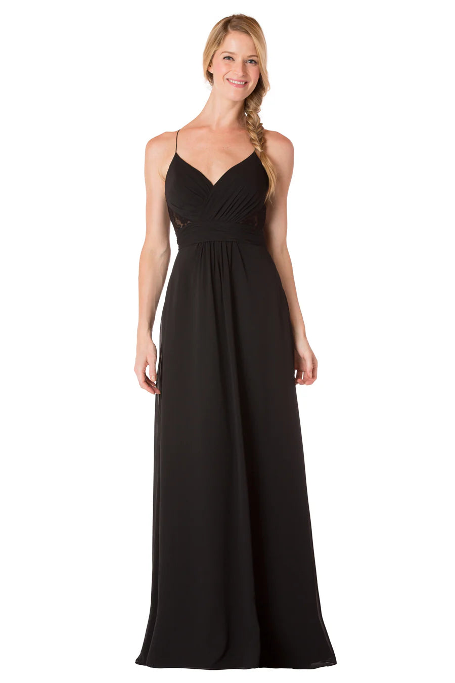 Black floor-length bridesmaid gown with sweetheart neckline, spaghetti straps, and pleated bodice detail — Bari Jay | Endless UAE