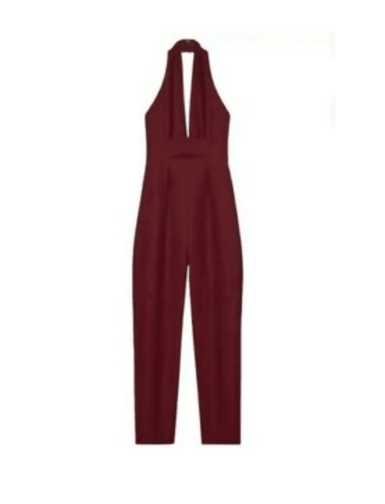 Plum halter neck tailored jumpsuit with deep V-neckline and fitted silhouette on white background — Gucci | Endless UAE