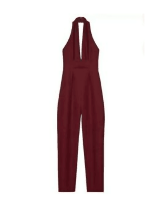Plum halter neck tailored jumpsuit with deep V-neckline and fitted silhouette on white background — Gucci | Endless UAE
