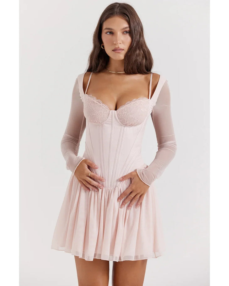 Soft peach corset mini dress with lace bodice and pleated skirt — House of CB | Endless UAE