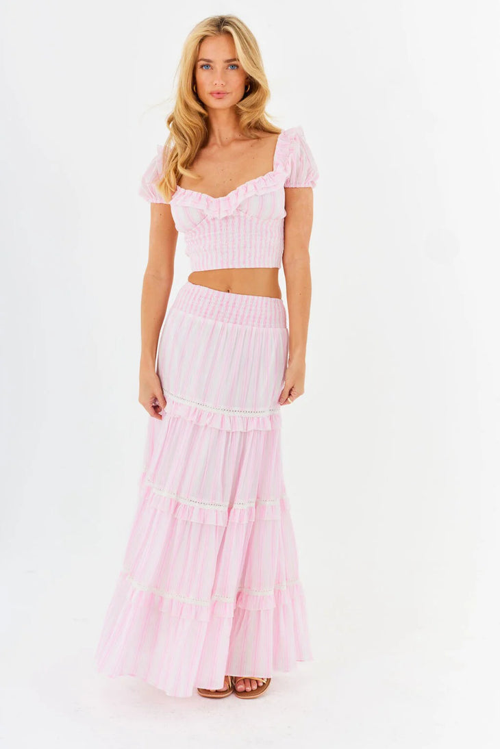 Pink and white striped two-piece outfit with ruffle crop top and tiered maxi skirt — Amy Jane London | Endless UAE