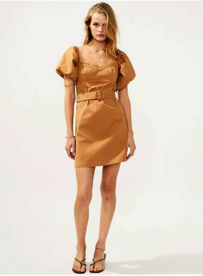 Beige Belted Cute Mini Dress - Endless