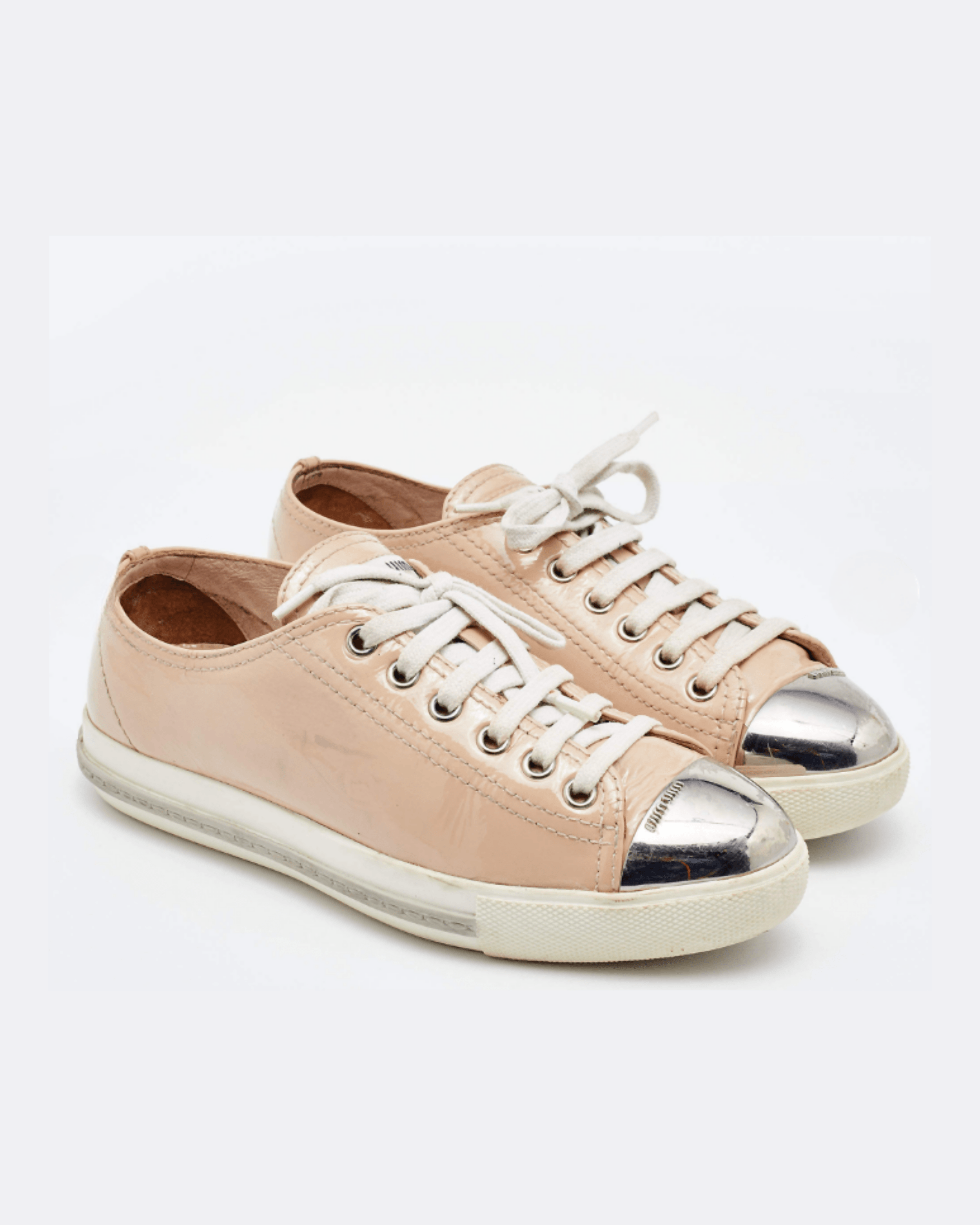 Beige Patent Leather Metal Cap Toe Low Top Sneakers - Endless - UAE Rental and Resale for Women's Fashion
