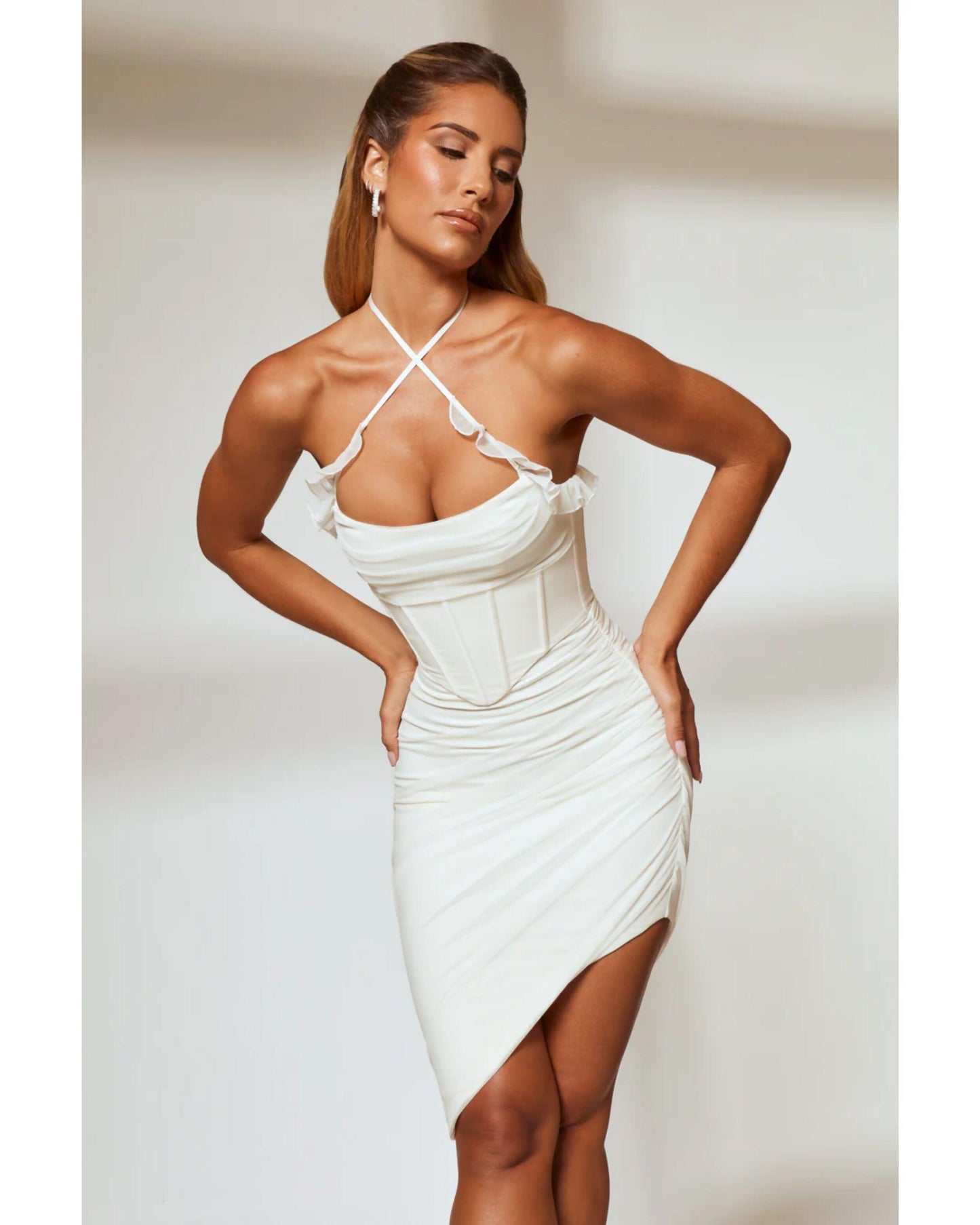 Belladona Asymmetric Hem Halter Neck Corset Midi Dress - Endless