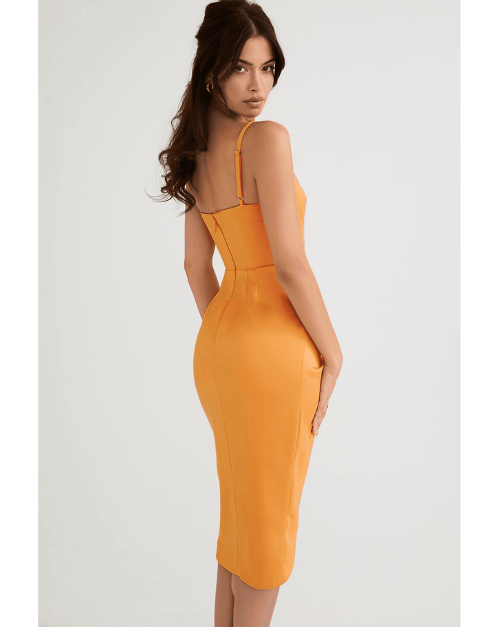 Bianca Tangerine Satin Pleated Corset Midi Dress - Endless - UAE Rental and Resale for Women's Fashion