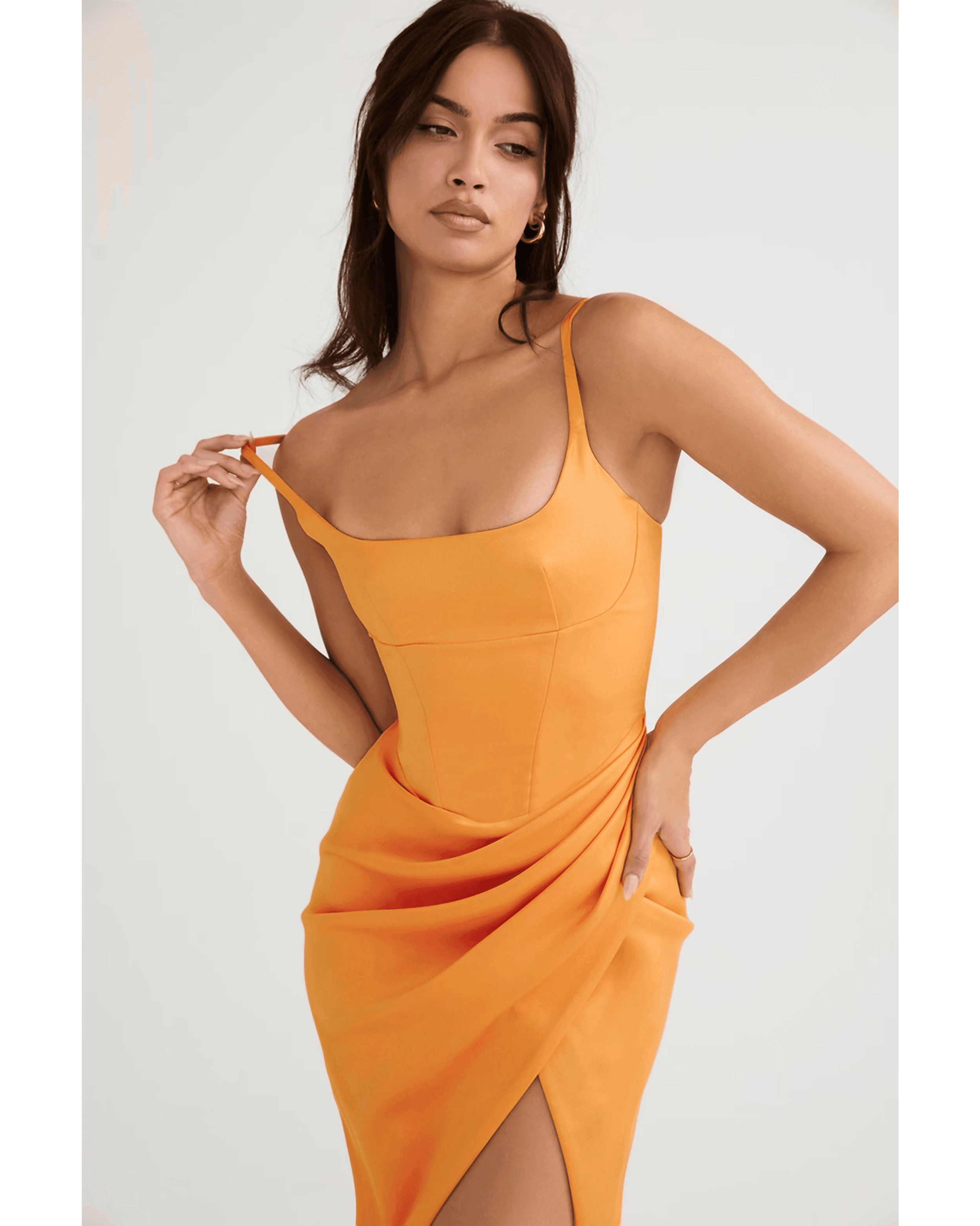 Bianca Tangerine Satin Pleated Corset Midi Dress - Endless - UAE Rental and Resale for Women's Fashion