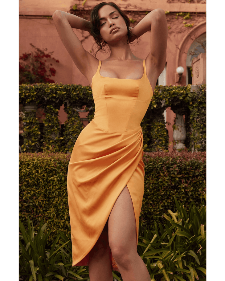 Bianca Tangerine Satin Pleated Corset Midi Dress - Endless - UAE Rental and Resale for Women's Fashion