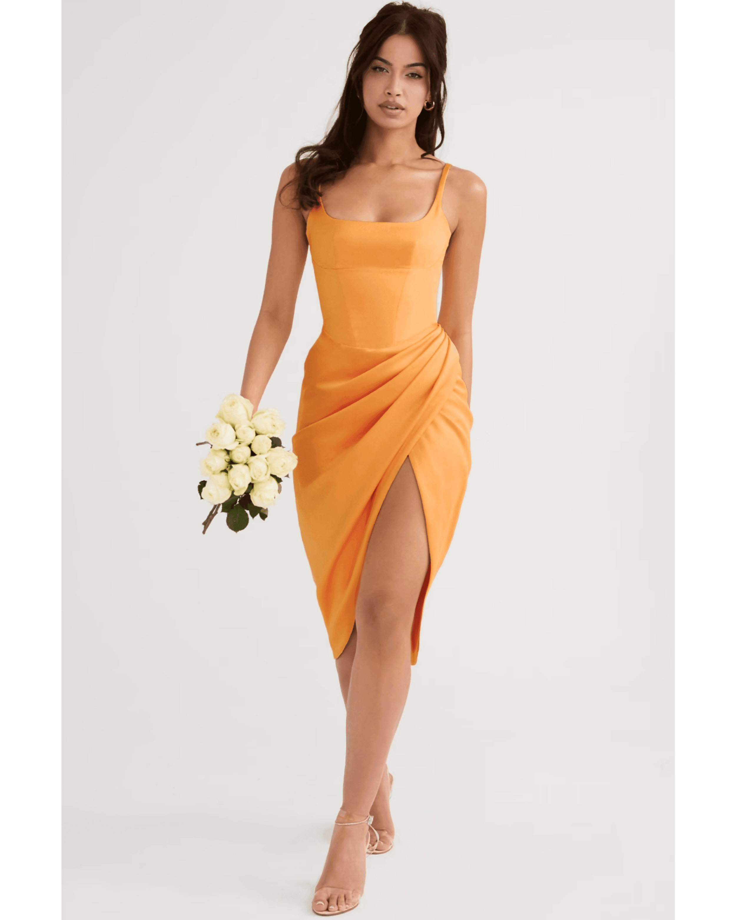 Bianca Tangerine Satin Pleated Corset Midi Dress - Endless - UAE Rental and Resale for Women's Fashion