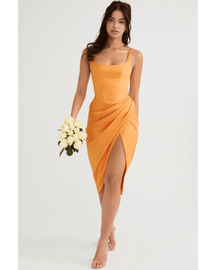 Bianca Tangerine Satin Pleated Corset Midi Dress - Endless - UAE Rental and Resale for Women's Fashion