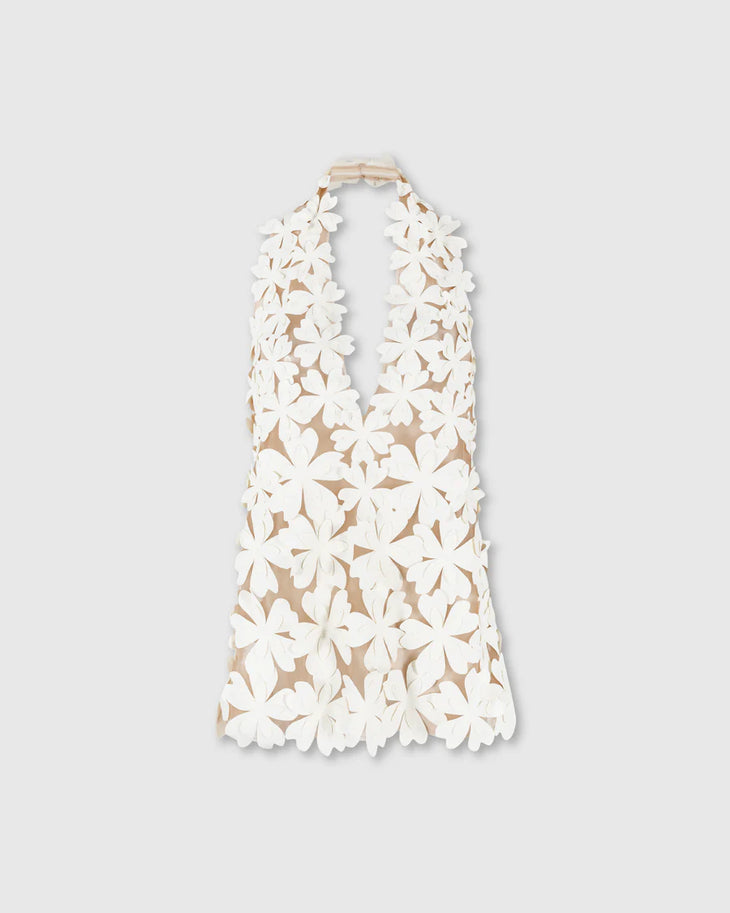 White floral cutout short dress with halter neckline — Bahia Maria | Endless UAE