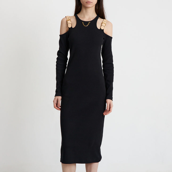 Black off-shoulder midi dress with buckled straps and chain necklace — Louis Vuitton | Endless UAE