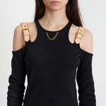 Black off-shoulder midi dress with buckled straps and chain necklace — Louis Vuitton | Endless UAE