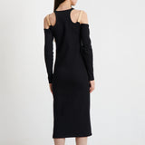 Black off-shoulder midi dress with buckled straps and chain necklace — Louis Vuitton | Endless UAE
