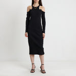 Black off-shoulder midi dress with buckled straps and chain necklace — Louis Vuitton | Endless UAE
