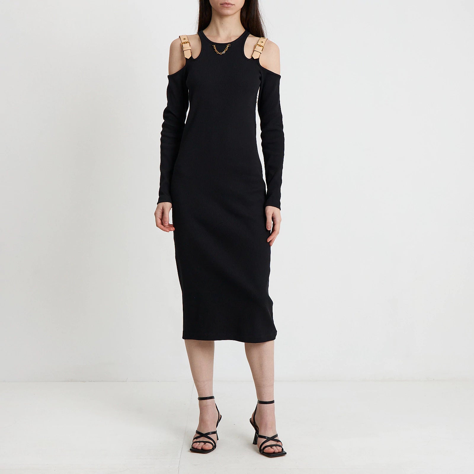 Black off-shoulder midi dress with buckled straps and chain necklace — Louis Vuitton | Endless UAE