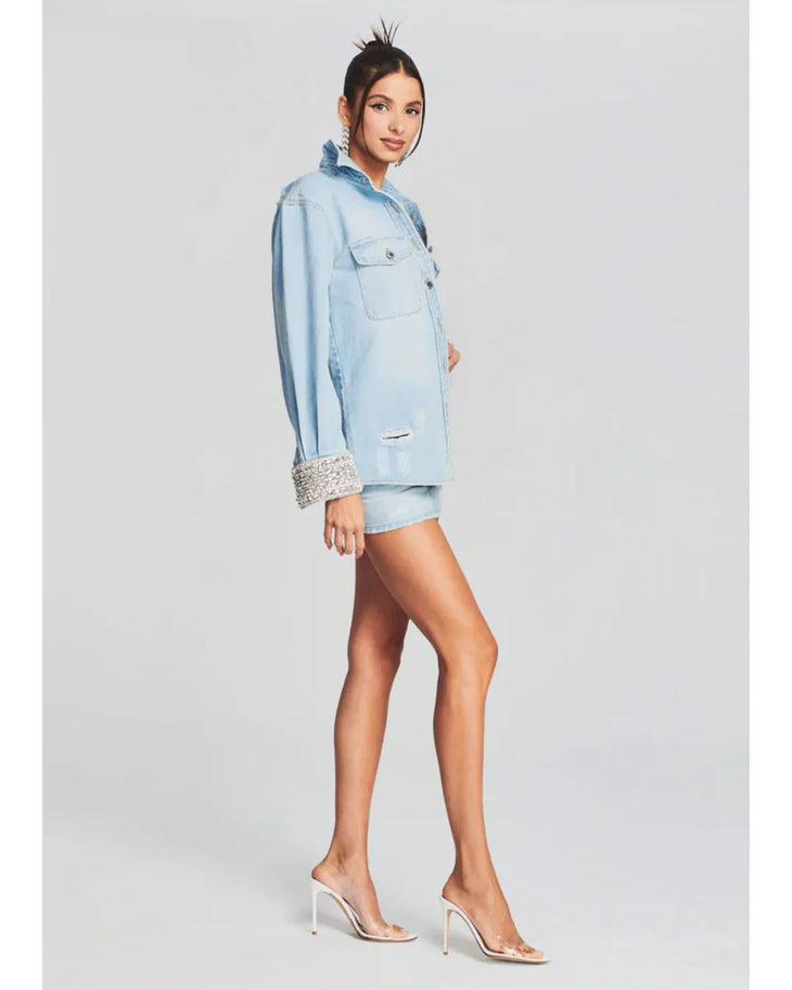 Light blue denim shirt dress with crystal-embellished cuffs and distressed details — Retrofete | Endless UAE