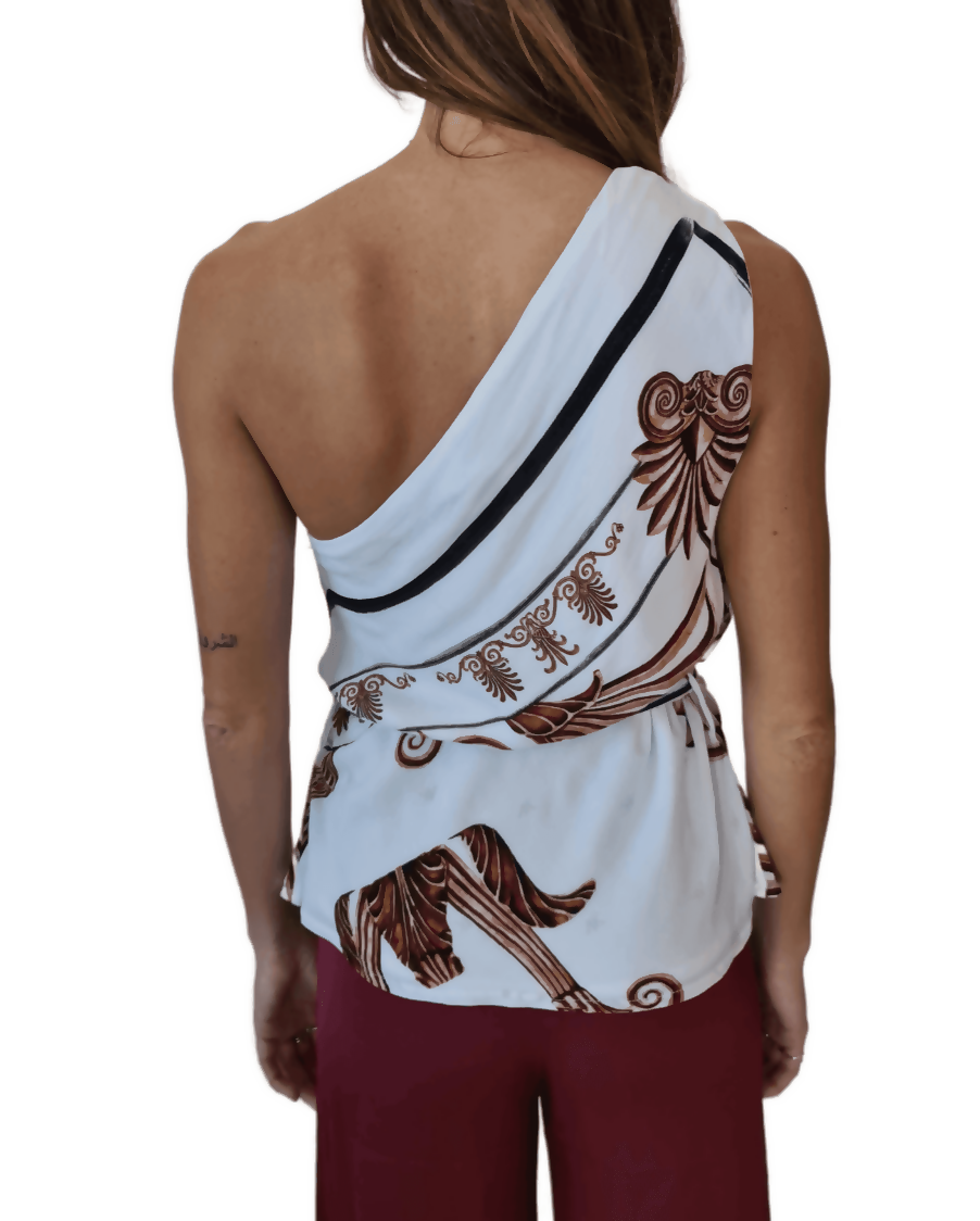 One shoulder white top with brown ornate print and black trim details — Ancient Kallos | Endless UAE