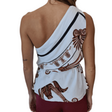 One shoulder white top with brown ornate print and black trim details — Ancient Kallos | Endless UAE