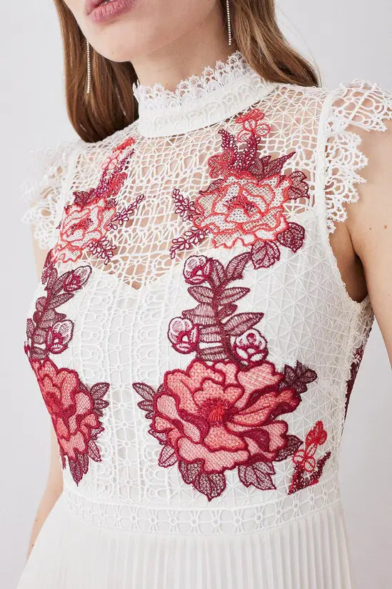Tall Rose Guipure Lace Woven Pleat Skirt Midi Dress — Karen Millen | Endless UAE